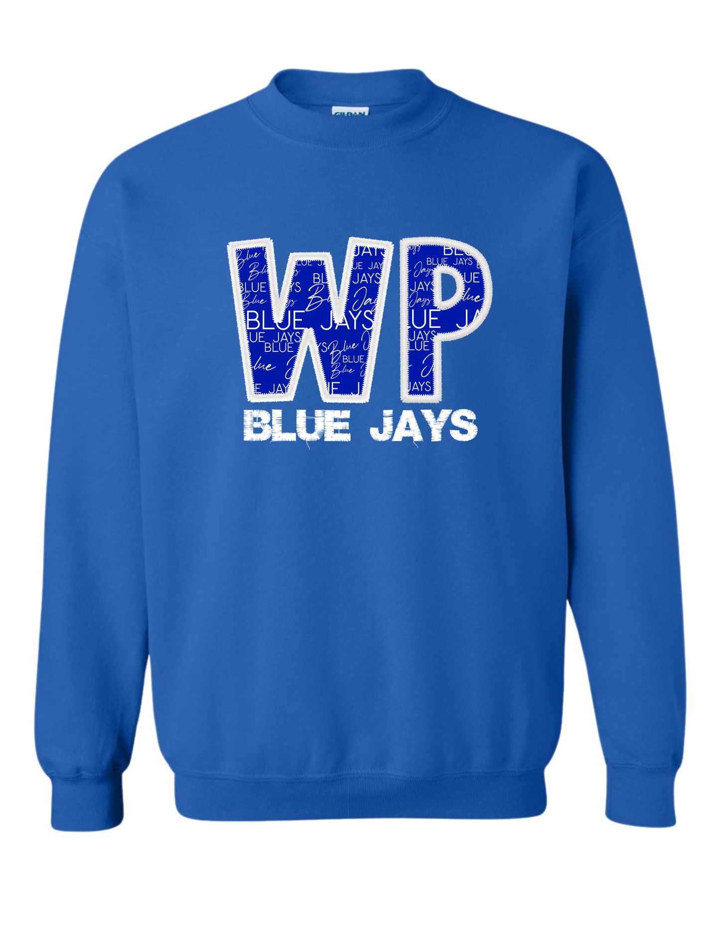 WP Bluejays Faux Embroidery. Tee, long sleeve, crewneck sweatshirt, or hooded