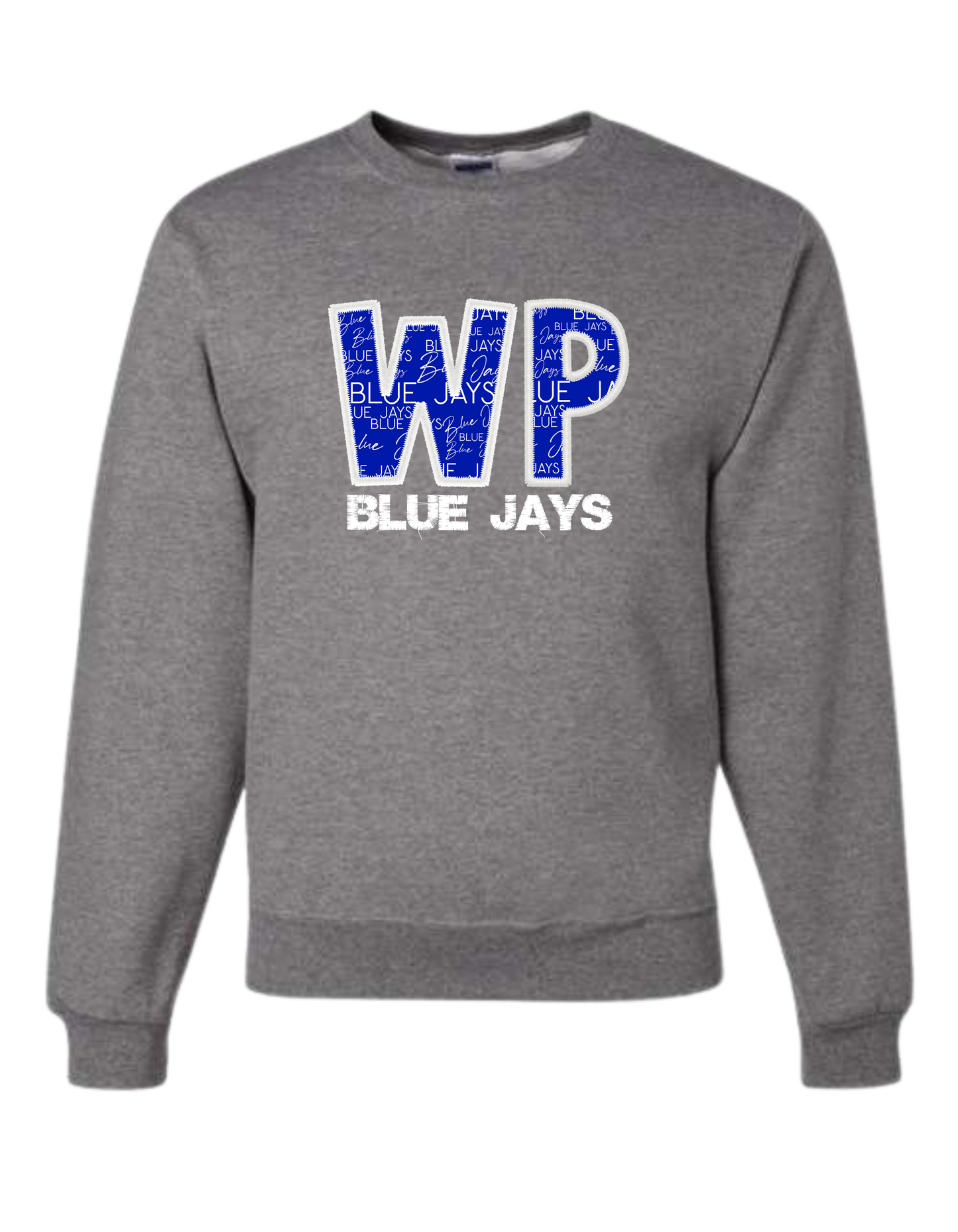 WP Bluejays Faux Embroidery. Tee, long sleeve, crewneck sweatshirt, or hooded